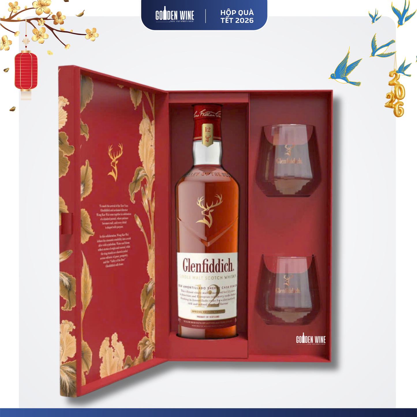 HỘP QUÀ TẾT 2026 GLENFIDDICH 12 ĐỎ KÈM LY