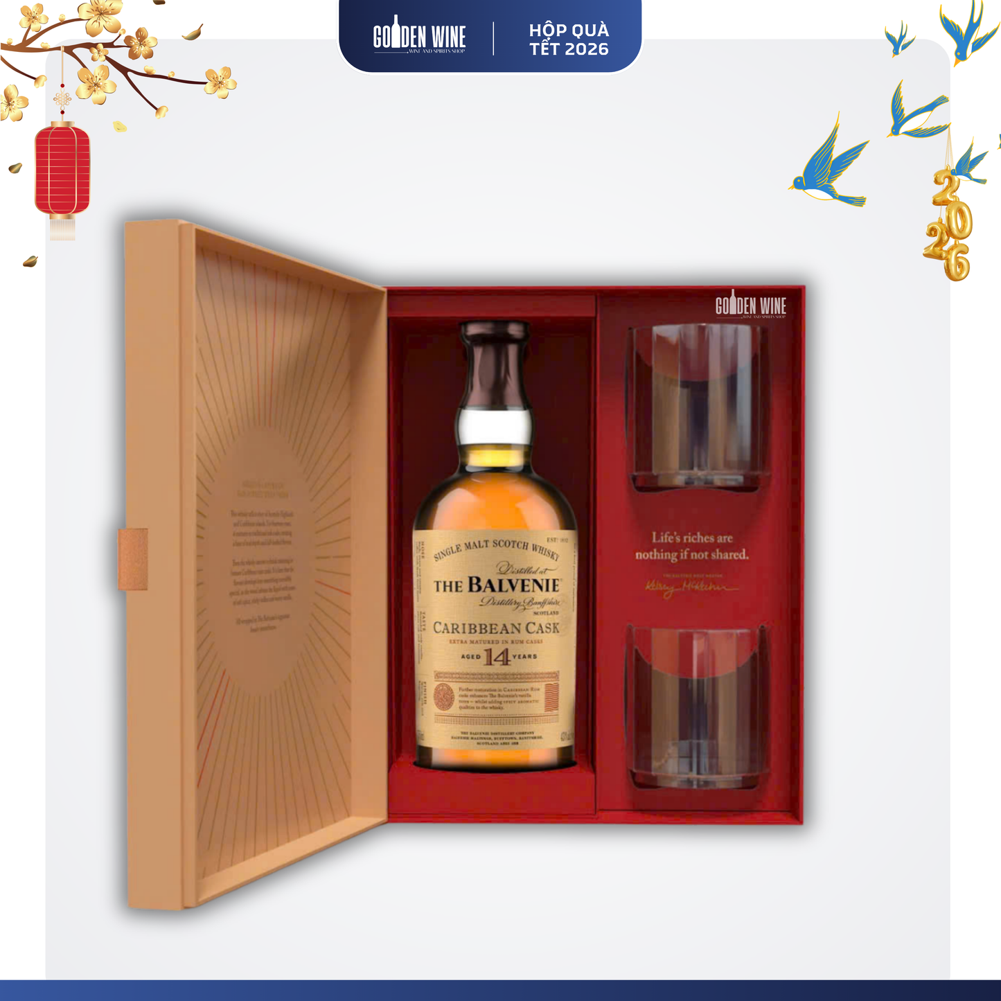 HỘP QUÀ TẾT 2026 THE BALVENIE 14 CARIBBEAN CASK KÈM LY